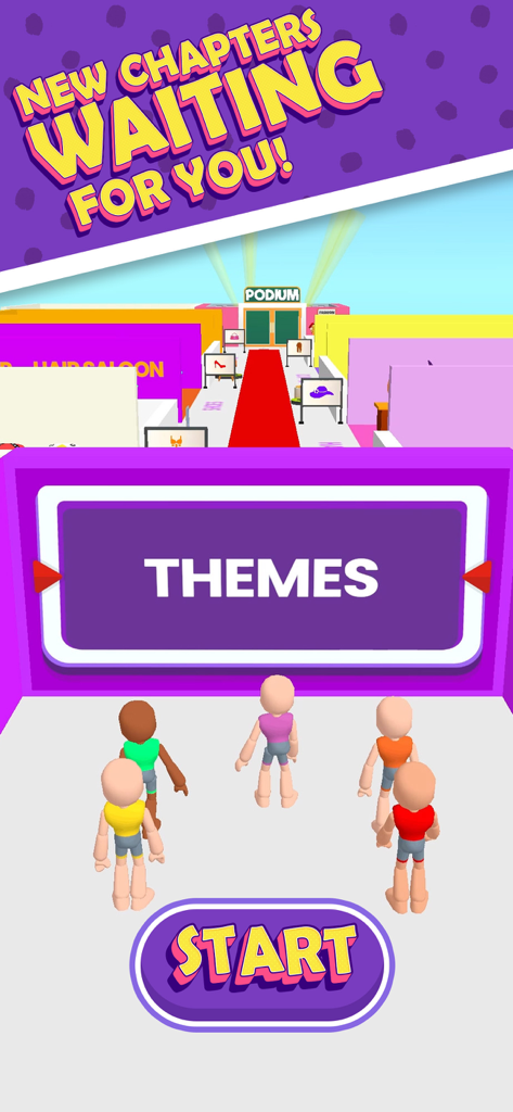 Fashion Famous - Dress Up Game - Pantalla de inicio para el juego de vestir Fashion Famous con avatares de personajes y selección de temas