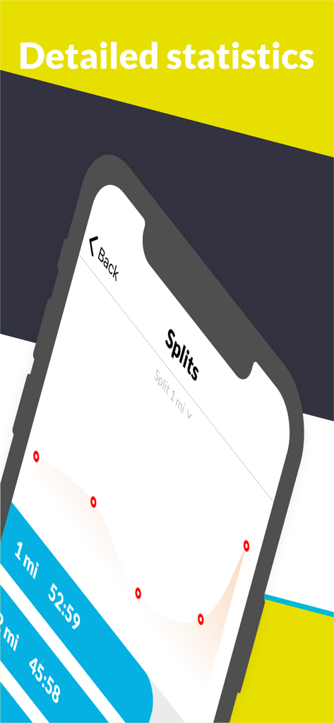 A smartphone screen showing detailed statistics and workout splits with a performance graph for a sports tracking app