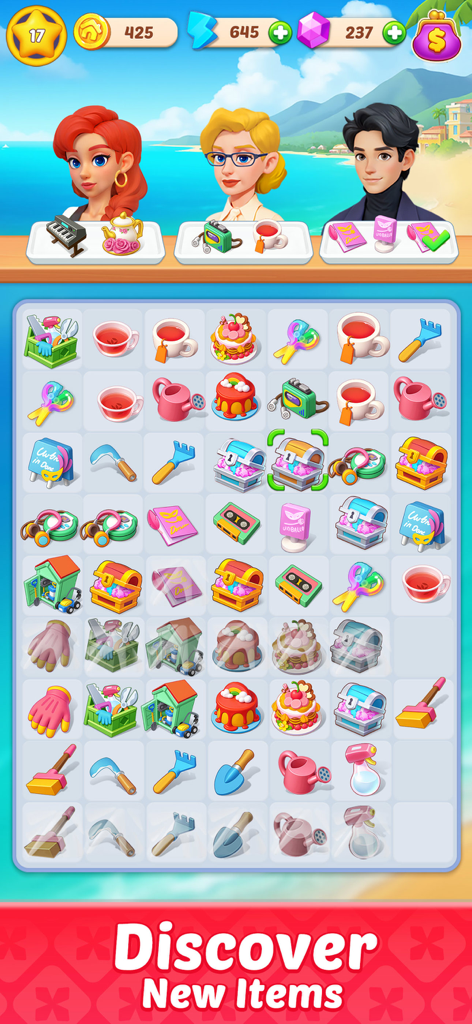 Happy Merge House - A merge board in Happy Merge House showing various items like gardening tools and cakes with character requests at the top.