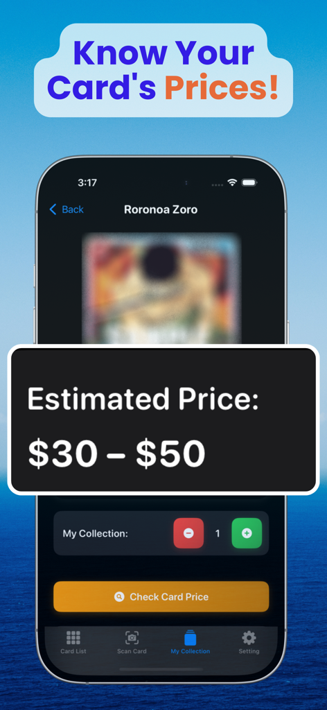 BountyScan: OP Card Collector - BountyScan mobile app screen displaying the estimated market price for a Roronoa Zoro One Piece trading card.