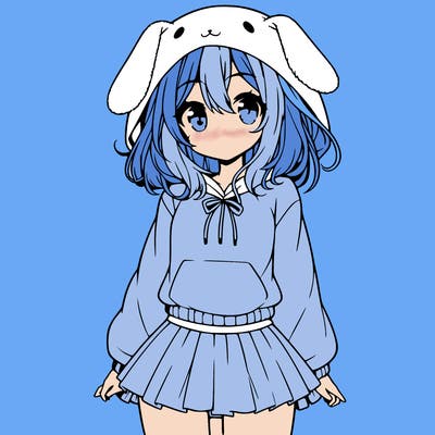 pretty anime girl wearing a fluffy hoodie with bunny ears on the hood and a skirt