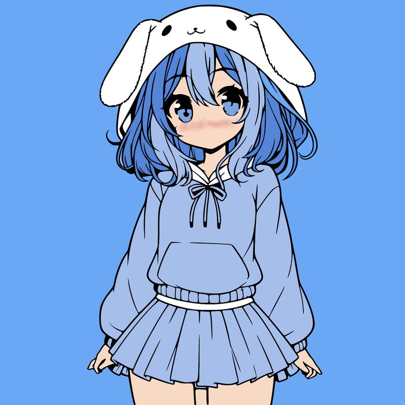 pretty anime girl wearing a fluffy hoodie with bunny ears on the hood and a skirt