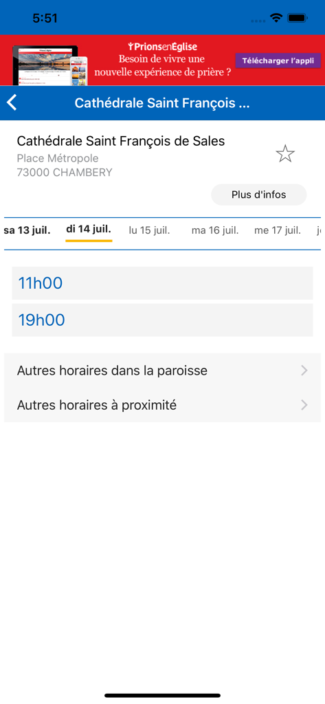 App interface displaying mass times for Saint Francois de Sales Cathedral in Chambery