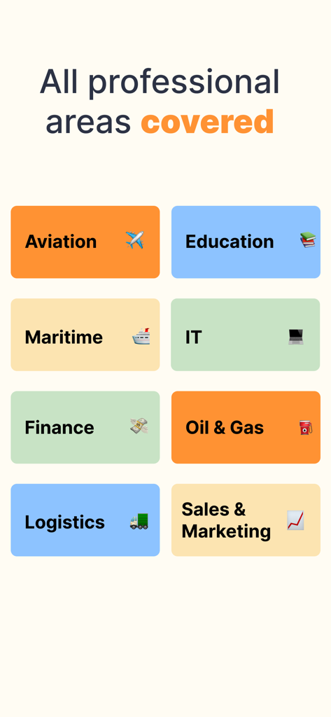 PeakTalk: Job-specific English - Schermata dell'app PeakTalk che mostra varie categorie di settori professionali tra cui Aviazione, IT e Finanza