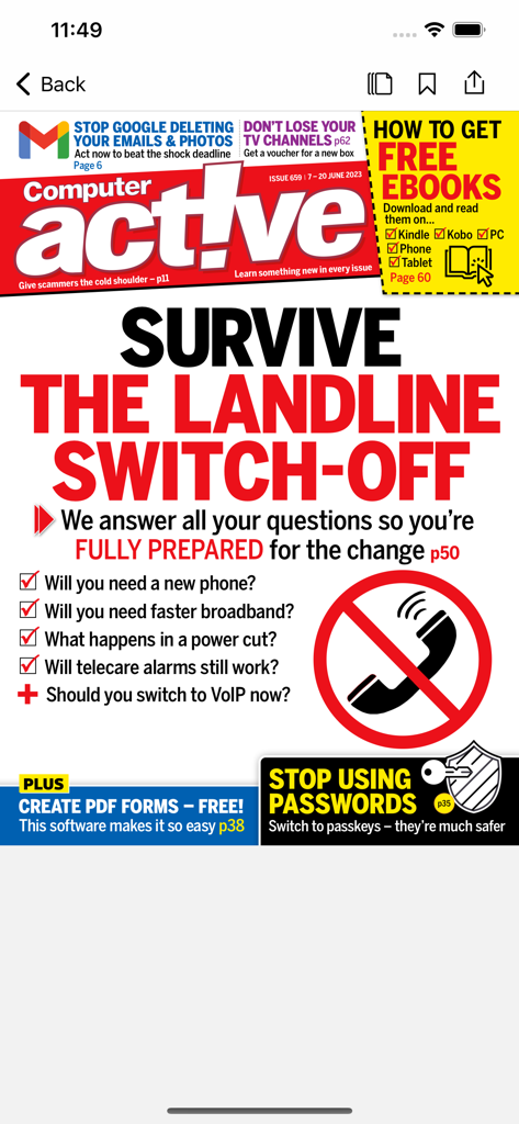 Computeractive - 유선 전화 전환 및 기술 보안 조언에 대한 기사가 포함된 Computeractive 잡지의 디지털 표지.