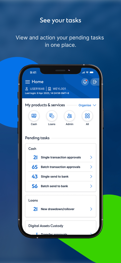 Straight2Bank - Dashboard of the Straight2Bank corporate banking app displaying pending transaction and loan approval tasks
