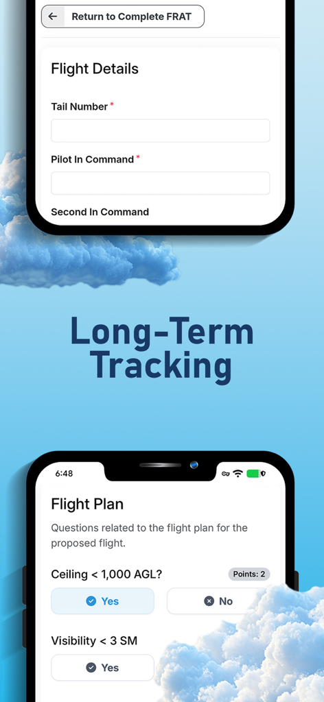 Simple FRAT - Screenshots of the Simple FRAT app showing flight details entry and flight plan risk assessment questions.