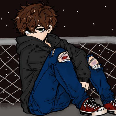 a male hoddie ripped jeans messy hair anime