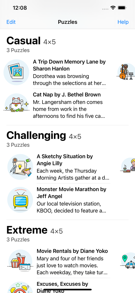 Una lista de puzzles de lógica categorizados por niveles de dificultad, incluyendo Casual, Desafiante y Extremo en la aplicación Hard Penny Dell Logic Puzzles.