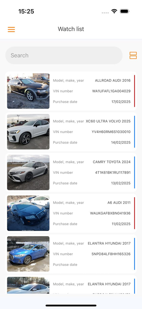 Aplicativo Bidder Tool exibindo a lista de observação com detalhes do veículo de leilão e números VIN