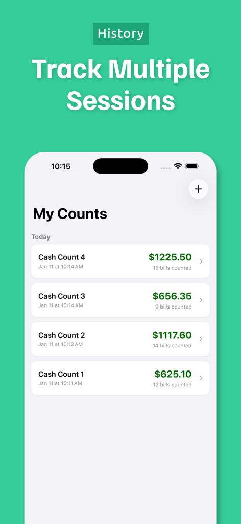 Money Counter - Coin Organizer - App-Bildschirm mit einer Liste gespeicherter Bargeldzählsitzungen mit Summen