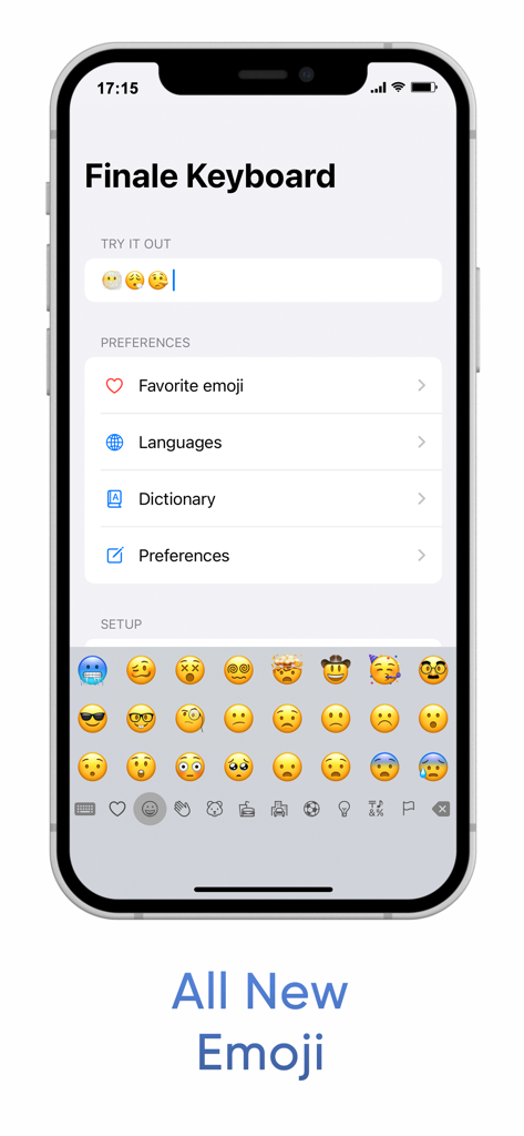 Finale Keyboard - Finale Keyboard app interface on iPhone displaying the emoji panel and menu options