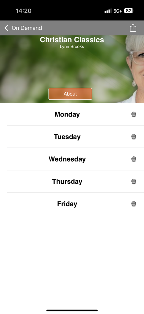BBN app interface displaying the on-demand schedule for the Christian Classics program