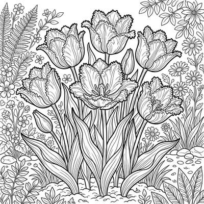 Step into a vibrant spring garden with this exquisite coloring page showcasing the unique beauty of fringed tulips. Their intricately frilled petals and lush surroundings offer a delightful and engaging coloring experience for all ages.