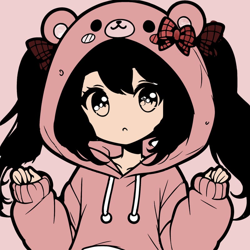 cute anime girl with ponytails and a cute bear hoodie