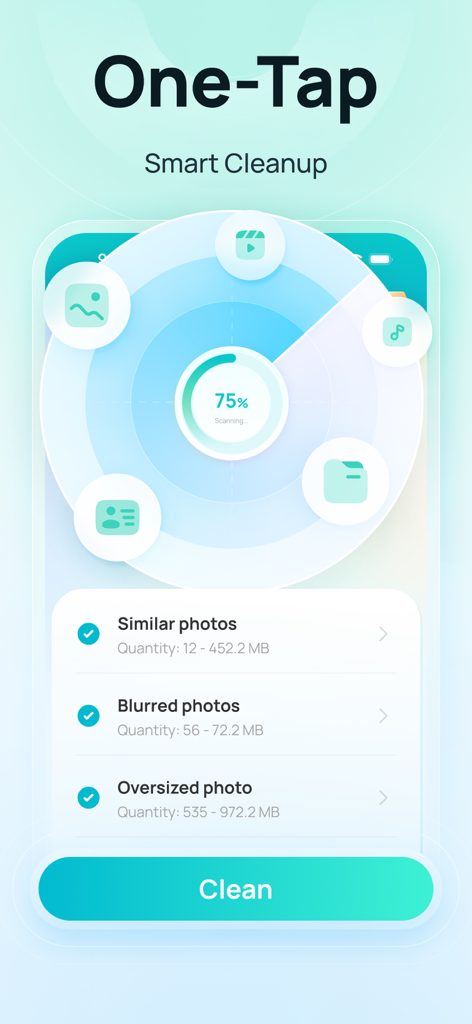 iCareFone:Phone Transfer&Clean - iCareFone app interface showing one-tap smart cleanup for similar and blurred photos