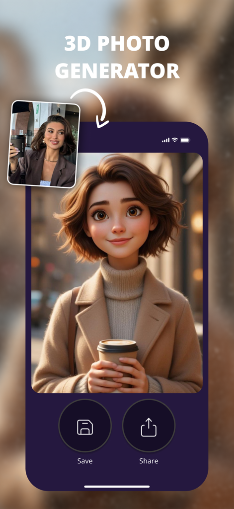 Una comparación lado a lado de la foto real de una mujer y su avatar de dibujo animado en 3D generado dentro de la aplicación.