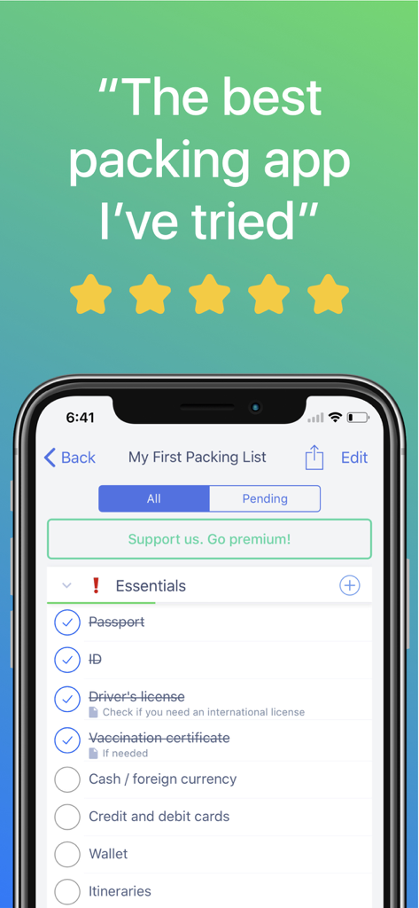 Packing List Checklist app interface showing a list of essential travel items like passport and ID on an iPhone