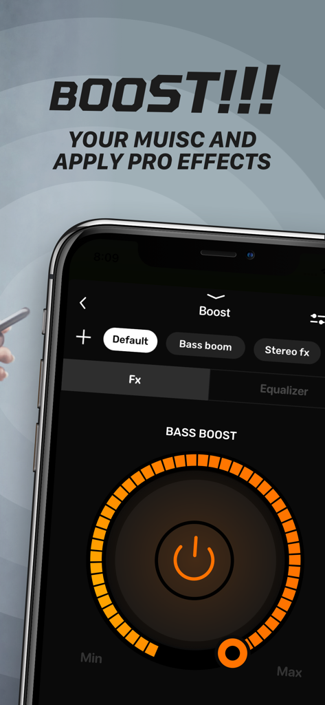 Volume Bass Booster-Equalizer+ - Volume Bass Booster app interface showing a bass boost dial and pro music effects