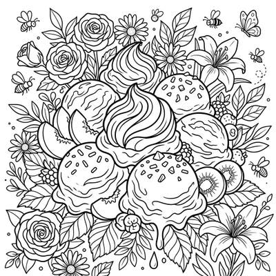 Celebrate the joy of spring with this delicious ice cream and gelato coloring page, featuring bountiful scoops surrounded by blooming flowers and buzzing bees. It's the perfect treat to color as the weather warms and nature comes alive.