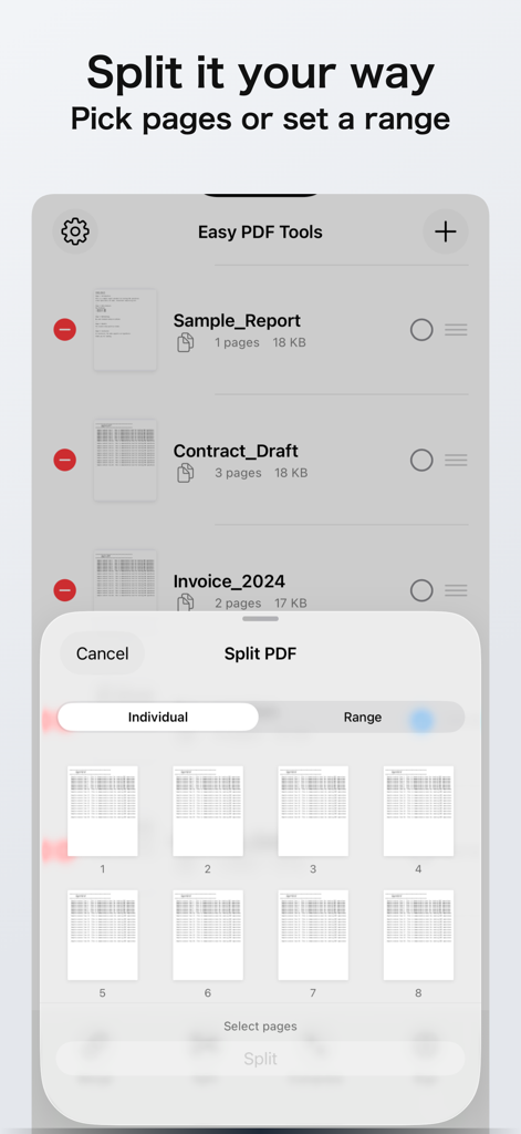 Easy PDF Tools - Interfaz de la aplicación Easy PDF Tools que muestra cómo dividir un PDF seleccionando páginas individuales o un rango
