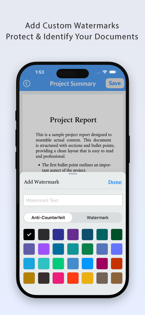 Interfaz para añadir marcas de agua personalizadas de colores a documentos PDF en NotePad Pro.