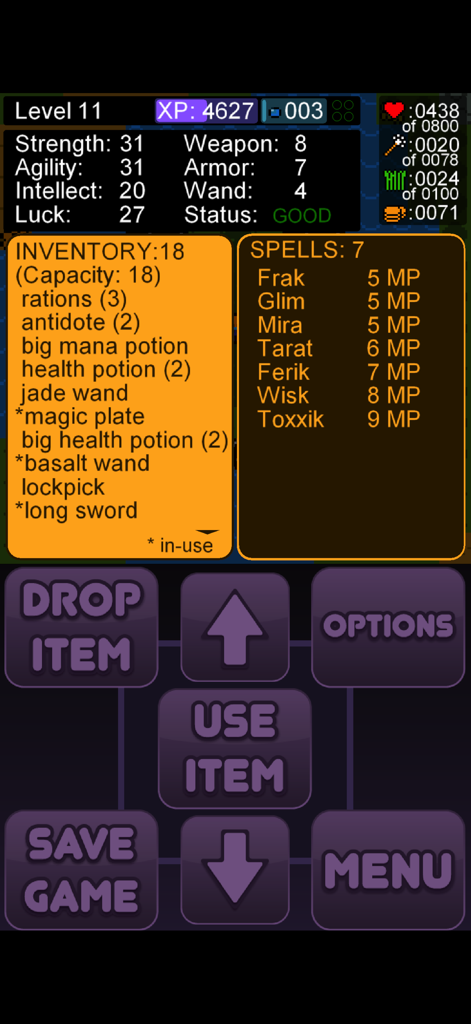 Retro character inventory and spell menu in Lowlander II