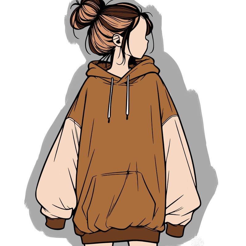 realistic girl with a oversized sweatshirt on and a bun