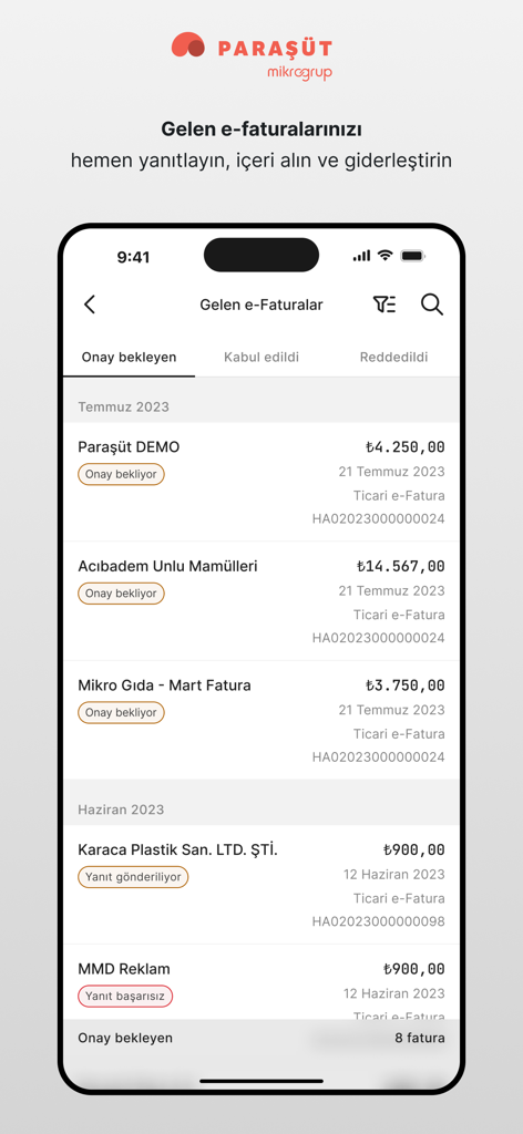 Parasutアプリのモバイルインターフェース。ビジネス会計のために保留中の受信電子請求書のリストが表示されています。