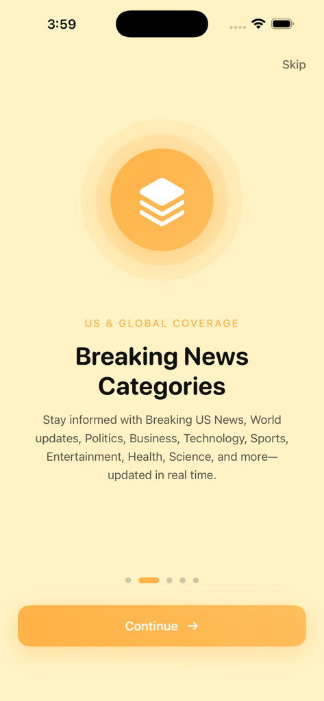 US Breaking News Alerts - Onboarding screen of the US Breaking News Alerts app highlighting US and global news categories like politics and technology.