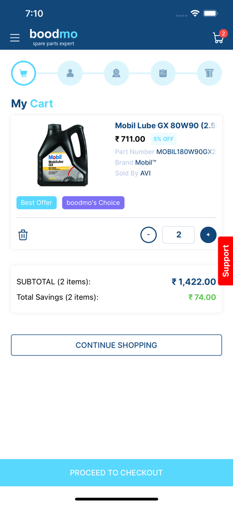 Shopping cart screen in the Boodmo app showing a car part and the checkout options