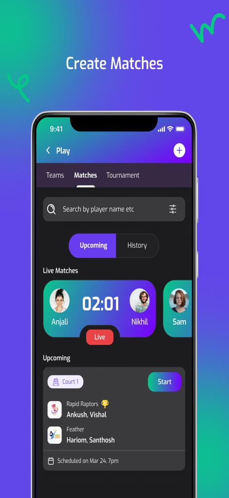 Athletiq - Own your Game - Athletiq app screen showing live scores and upcoming sports match schedules for a sports academy
