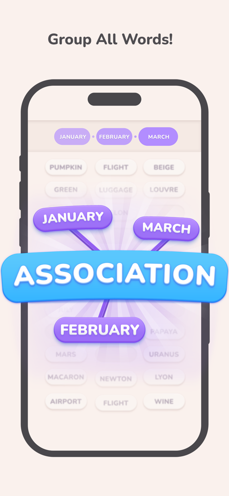 Mobile screen showing the Word Weaver game where players group related words like January February and March into categories.