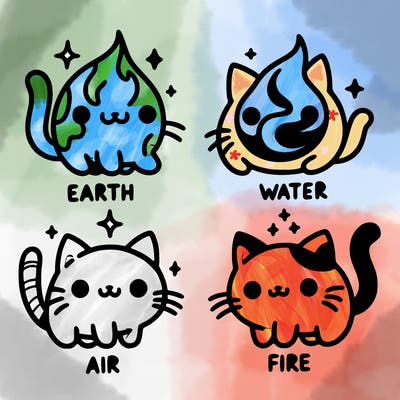4 cats that represent the different elements, earth, water, air, and fire