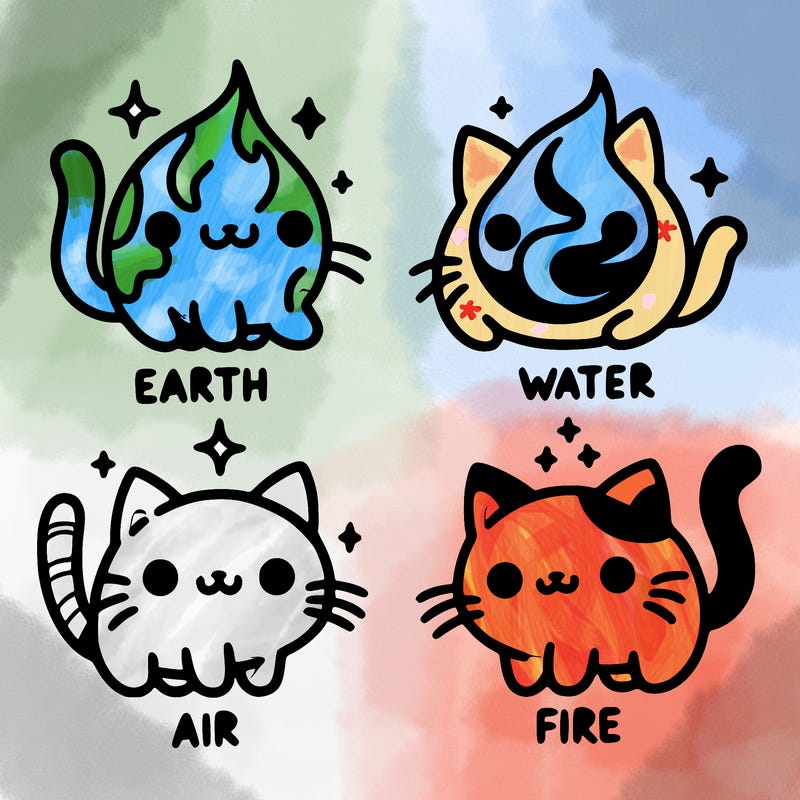 4 cats that represent the different elements, earth, water, air, and fire