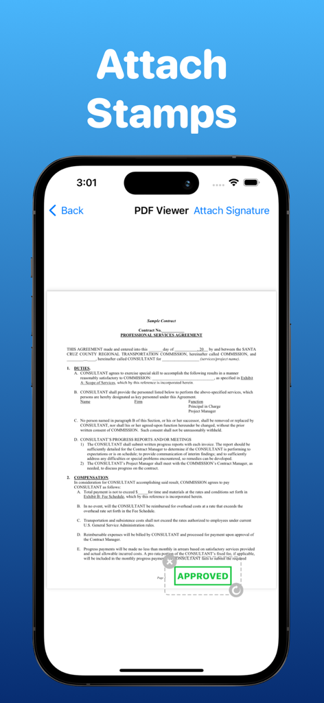 Signature Maker - eSign PDF - Mobile App-Oberfläche mit einem PDF-Vertrag, dem ein grüner "Genehmigt"-Stempel beigefügt ist