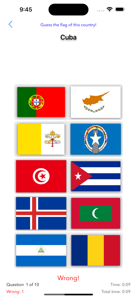 Countries! - Pantalla de concurso de geografía en la aplicación Países para adivinar la bandera de Cuba