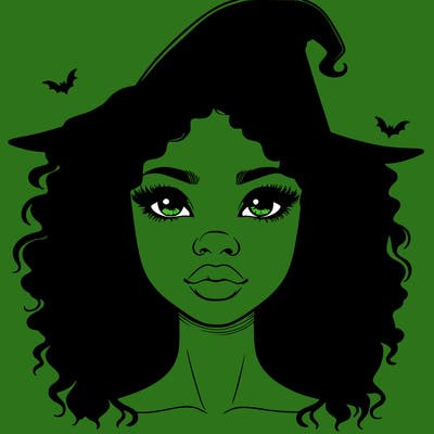 realistic black girl with wavy hair and witch hat and nose and lips