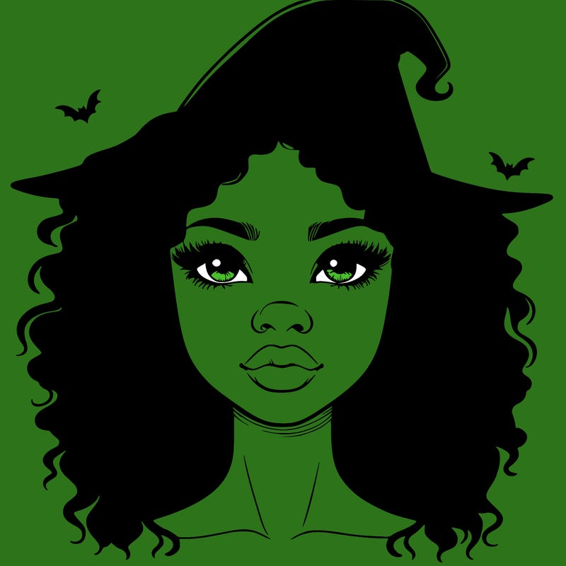 realistic black girl with wavy hair and witch hat and nose and lips