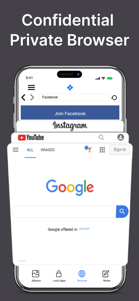 Vertraulicher privater Browser von Lock Apps, der mehrere Suchregisterkarten anzeigt
