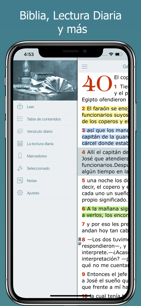 La Biblia NVI - Bible en Audio - Interface of the La Biblia NVI mobile app showing the side menu and highlighted Spanish bible text