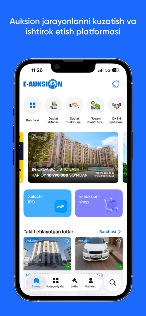 e-auksion - Tela inicial do aplicativo móvel e-auksion com categorias de leilão para imóveis e veículos.