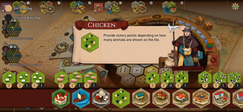 Gameplay screen of The Castles of Burgundy mobile app showing hexagonal tiles and a chicken animal tile explanation