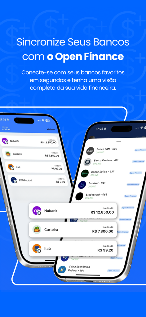 Saldo Positivo - Despesas - Dos iPhones que muestran la interfaz de la aplicación Saldo Positivo con sincronización de cuentas bancarias y saldos de cuentas listados.