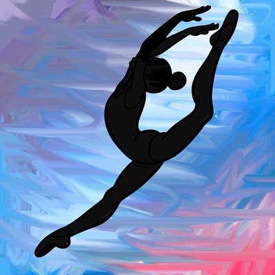 gymnast doing a leap in a leotard with a bent back leg