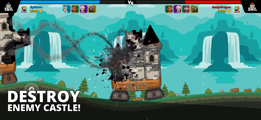 Castle Clashers! - Uma batalha PvP 1v1 em Castle Clashers mostrando um castelo sendo destruído por projéteis.