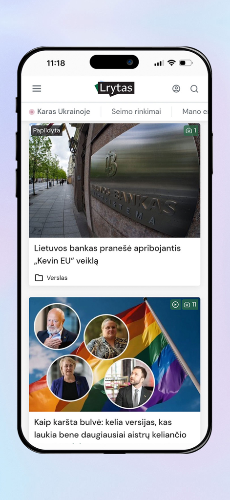 Lrytas.lt naujienos - The home screen of the Lrytas news app displaying recent headlines in Lithuanian