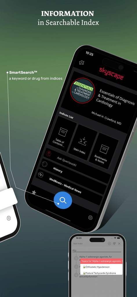 Interfaz de búsqueda y función de índice de la aplicación médica Cardiología: Diagnóstico y Tratamiento.
