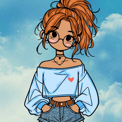 girl with a messy ponytail glasses a baggy crop top and jean shorts