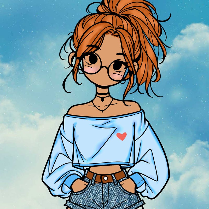 girl with a messy ponytail glasses a baggy crop top and jean shorts